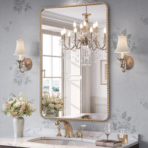 24"x36" Champagne Bronze Mirror Bathroom, Beaded Vanity Mirror | Mount Vertically or Horizontally, Shatterproof Safety, HD, Brass Vanity Mirror for Bedroom Entryway Living Room Fireplace - size: 36"L x 24"W
