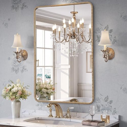 24"x36" Champagne Bronze Mirror Bathroom, Beaded Vanity Mirror | Mount Vertically or Horizontally, Shatterproof Safety, HD, Brass Vanity Mirror for Bedroom Entryway Living Room Fireplace - size: 36"L x 24"W