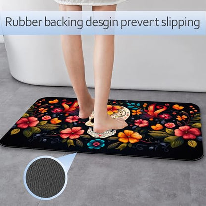 Skull Flowers Bathroom Mat, Non-Slip Rubber Backing Thin Low-Profile Bath Rug, Easy-Clean Bathroom Floor Mat for Shower, Bathtub, Kitchen, or Entryway - color: Skull Flowers
