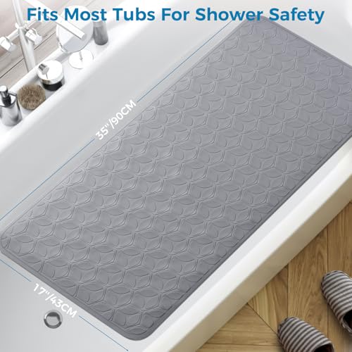Non-Slip Rubber Bathtub Mat with Suction Cups, 17 × 35 Inch (Gray) | 100% Rubber, Leaf Texture. Vacuum Suction Cups. Soft on Touch. BPA/PVC-Free. Machine Wash. Safe For Bath, Shower, Pet Dogs. - color: Gray, size: 35" x 17" (Rectangular)