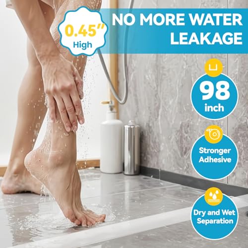 98" Collapsible Shower Threshold Water Dam Shower Barrier Keeps Water Inside Threshold Dry and Wet Separation Retention System Suitable for Bathroom Kitchen Sink Bathtub - color: Transparent, size: 98"