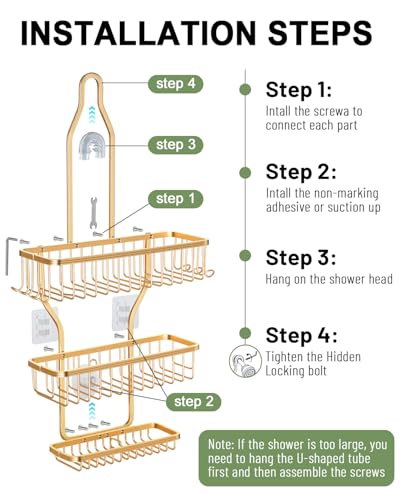 Shower Caddy Hanging - Never Rust Shower Hanging Organizer - Aluminum Over the ShowerHead Caddy with Soap Basket and 6 Razor/Sponge Hooks (Gold) - color: Gold