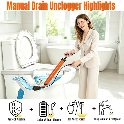 Manual Drain Unclogger, High Pressure Toilet Plunger: No-Splash, No Electricity, No Accessories, Pipe-Safe, Easy to Use, Reusable & Easy to Clean for Toilet, Sink, Bathtub, All Household Pipes - color: Orange