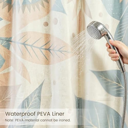 Burnt Orange Botanical‌ Pattern Linen Shower Curtain Set with Liner | Double Layer Shower Curtain Waterproof Fabric with Zippered Removable PEVA Liner,Boho Shower Curtain for Bathroom,Free Hooks - color: Sunflower