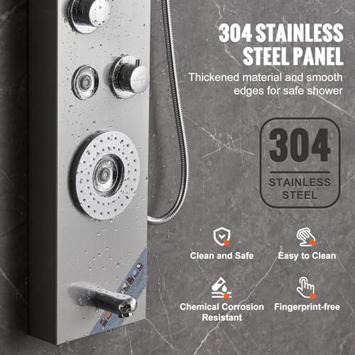 VEVOR Shower Panel Tower System, 6 Shower Modes, LED & Display Shower Panel, Rainfall, Waterfall, 4 Body Massage Jets, Tub Spout, Handheld Shower Head 59" Hose, Stainless Steel Wall-Mounted Shower Set