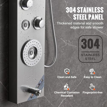 VEVOR Shower Panel Tower System, 6 Shower Modes, LED & Display Shower Panel, Rainfall, Waterfall, 4 Body Massage Jets, Tub Spout, Handheld Shower Head 59" Hose, Stainless Steel Wall-Mounted Shower Set