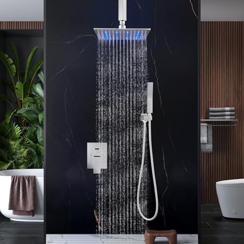 Aolemi Ceiling Shower Faucet Set with Handheld 10" LED Head Polish Chrome | Handheld Spray,10 Inch Rain LED Head,Shower Valve and Trim Kit,All Metal,Ceiling System,Bathroom Mixer - color: Chrome, size: 10 Inch LED Shower Head