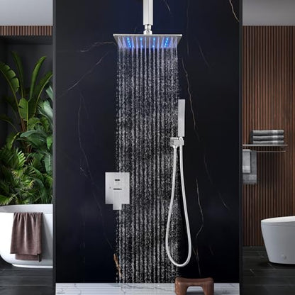 Aolemi Ceiling Shower Faucet Set with Handheld 10" LED Head Polish Chrome | Handheld Spray,10 Inch Rain LED Head,Shower Valve and Trim Kit,All Metal,Ceiling System,Bathroom Mixer - color: Chrome, size: 10 Inch LED Shower Head