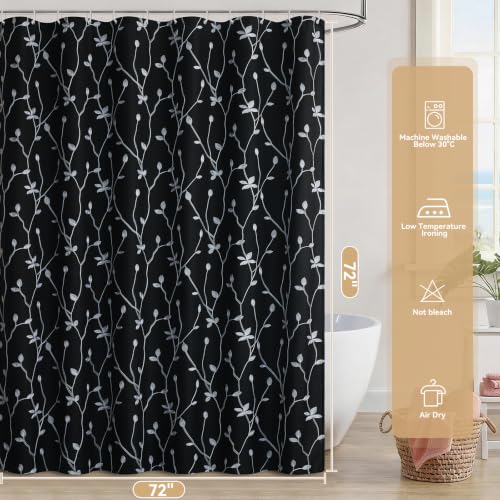 Embroidered Leaf Farmhouse Shower Curtain,Faux Linen,72Wx72L,Black | Boho Modern Shower Curtain Set, Washable & Waterproof Fabric, Floral Shower Curtains for Bathroom with Hooks - color: Black
