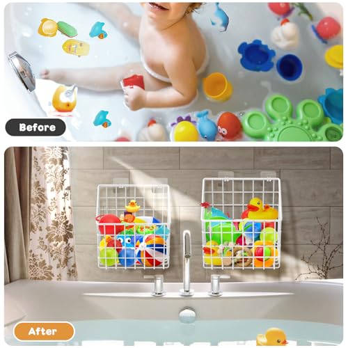 Greentainer 2 Pack Bath Toy Storage Organizer, Large Rustproof Metal Wire Basket, Wall Mounted Hanging Bathtub Holder, Bathroom Shower Caddy for Tub Toys & Toiletries - color: White