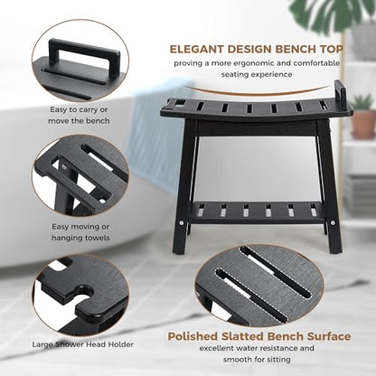 FLyjoe 24 INCH Extra Large Shower Bench for Inside Shower Shaving Legs, Waterproof HDPE Shower Chair Seat with Storage Shelf and Handles Spa Shower Stool for Bath Tub Bathroom Use, Black - color: Large-black