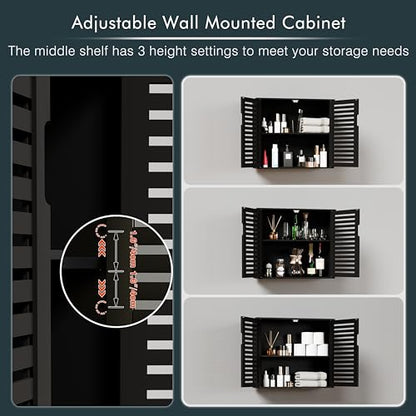 HITNET Black Bathroom Storage Cabinet, Hanging Medicine Cabinet with Adjustable Shelf, Bamboo Over the Toilet Wall Mounted Space Saver Organizer, Double Doors - color: Black