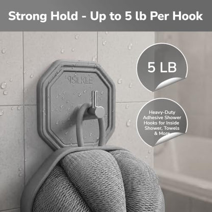 SILKLE Silicone Shower Hooks for Inside Shower, 2-Pack Adhesive Towel Hooks | Adhesive Shower Hooks, No Drill - Razor & Loofah Holders for Shower Wall, Heavy-Duty, Waterproof, Damage-Free - Gray - color: Gray