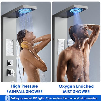 ROVOGO LED Shower Panel Tower System With Lights, 5 Shower Modes, Brushed | Rainfall Mist Shower Head, Large Body Jets, Handheld, Tub Spout, Stainless Steel Shower Column, Brass Mixing Valves, 50 Inch - style: 50" Brushed