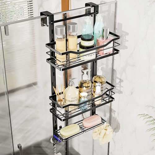 SWTYMIKI Over the Door Shower Caddy - 3 Tier Adjustable Shower Organizer Hanging with Soap Holder, No Drilling Stainless Steel Bathroom Rack Hanging for Body Wash, Shampoo, Soap, Razor, Black - color: Black-3 Tier