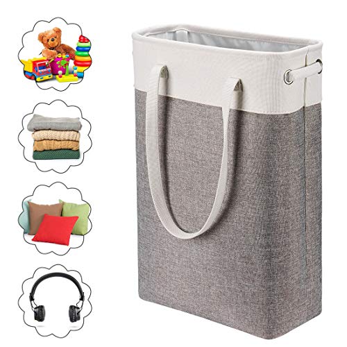 Laundry Basket with Handles white&Grey Coffee-Slim Laundry Bin Collapsible Dirty Clothes Basket Narrow Laundry Bag Foldable Dirty Hamper for Camping, Dorms, Apartments - color: white&Grey Coffee
