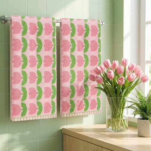 HunnmingRe 2 Pcs Tulip Hand Towels for Bathroom Pink Tulip 100% Cotton Decorative Bath Towel Set Soft Absorbent Floral Kitchen Cloths for Spring Bathroom Kitchen Housewarming Gifts, 14 x 29 Inch - color: Pink