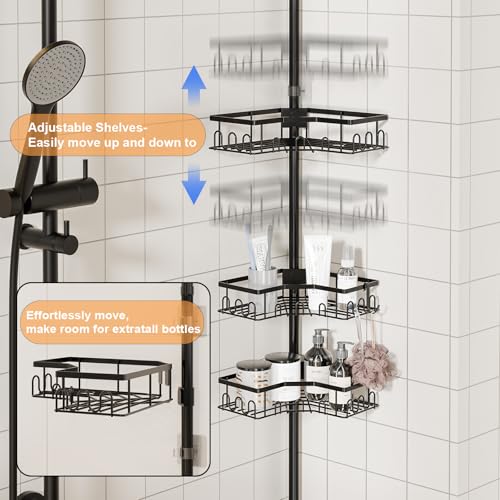 Corner Shower Caddy Tension Pole - 4-Tier Shower Corner Shelf for Bathtub Bathroom Shower Organizer - Adjustable 34in-120in, Space Saving Bathtub Accessory Shelves, Black