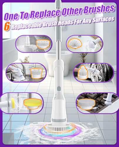 6-in-1 Cordless Electric Spin Scrubber with Long Handle | Power scrubber, bathroom scrubber, 47.2 in long handle, 2 speed scrub brush, IPX7 rated body, kitchen, tile, tub, floor - size: 6heads