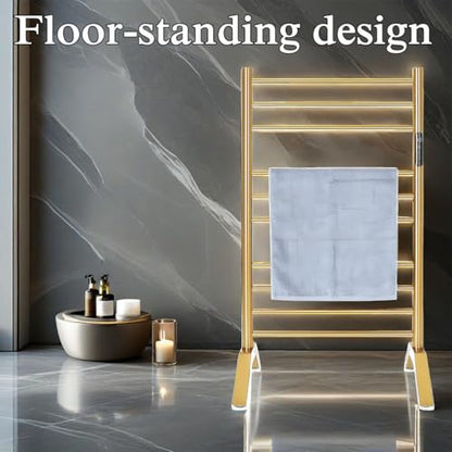 Heated Towel Rack Plug-in,Free Standing & Wall Mounted Dryer Rack Stainless Steel,Radiator 10 Bars Hot Towel Warmer with Built-in Timer,Gold - color: Gold
