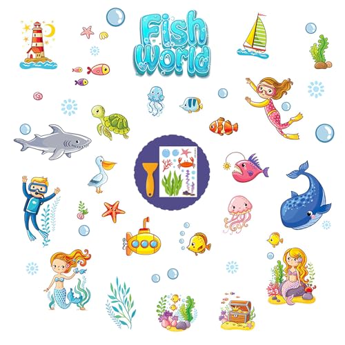 PRATIQUE Non Slip Bathtub Stickers, 6 Pages Fish World Underwater Sea Organism Adhesive Kids Anti Slip Decal Threads for Shower Floor and Bath Tub Decals with Premium Scraper - color: Fish World