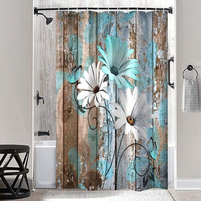 JAWO Farmhouse Flower Floral Shower Curtain, Rustic Teal Turquoise Daisy Shower Curtain Set, Country Blue Wild Garden Plant Fabric Shower Curtain with Hooks, Surreal Bathroom Curtain, 47x64inch - color: Daisy-teal, size: 47"W x 64"L (Pack of 1)