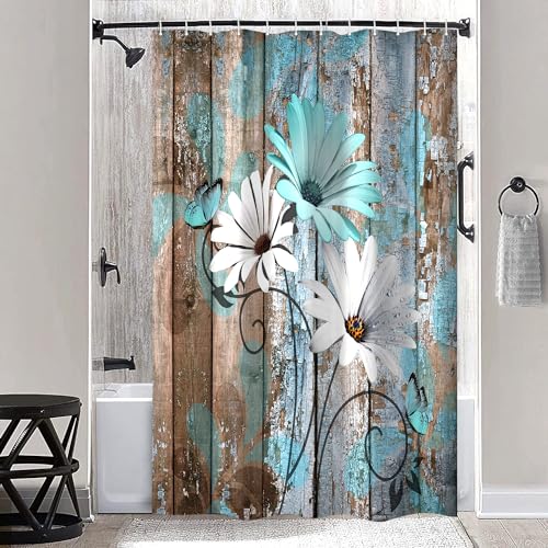 JAWO Farmhouse Flower Floral Shower Curtain, Rustic Teal Turquoise Daisy Shower Curtain Set, Country Blue Wild Garden Plant Fabric Shower Curtain with Hooks, Surreal Bathroom Curtain, 36x70inch - color: Daisy-teal, size: 36"W x 70"L (Pack of 1)