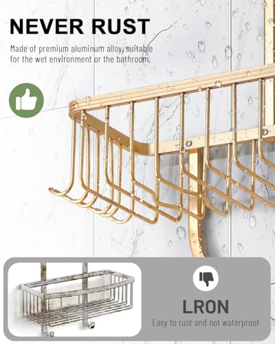 Shower Caddy Hanging - Never Rust Shower Hanging Organizer - Aluminum Over the ShowerHead Caddy with Soap Basket and 6 Razor/Sponge Hooks (Gold) - color: Gold