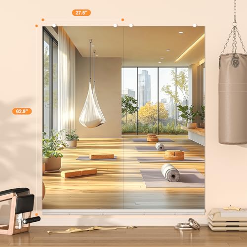 Hasipu Full Length Wall Mirror, 63"x28" Each, 1-Pack Frameless Wall Mounted Mirrors with Glass Clamps & Aluminum Rail, Large Body Mirror for Home Gym, Yoga Studio, Bedroom, Silver Tempered Glass - size: 63"L x 28"W