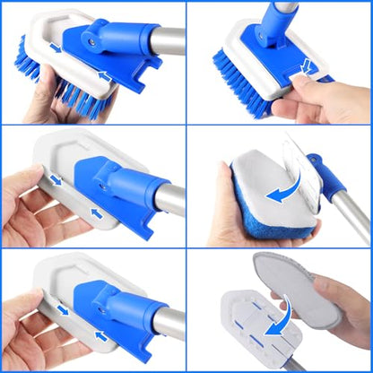 Bathtub Cleaning Brush Long Handle, Shower Bathroom Cleaner Brush Scrubber | 3 Different Detachable Scrub Brush Replacement Head for Scrubing Bathroom Floors, Tubs, Tiles, and Kitchen Walls - color: Blue