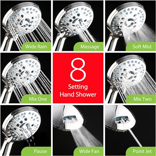 AquaCare 50-mode High Pressure Shower Head Combo with Arm & Dual Power Wash | Hygienic Jets, 2-mode Handheld Power Wash for Tub, Tile & Pets, Long 6 ft. Stainless Steel Hose, Extra Wall Bracket / Chrome - color: All-Chrome, style: 1.8 Gallons Per Minute