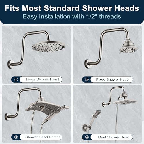 BRIGHT SHOWERS 13 Inch Shower Head Extension Arm with Flange S Shaped High Rise Extender, Long Stainless Steel Rainfall Shower Head Pipe Arm, Brushed Nickel - color: Brushed Nickel, style: S-Shape 13 Inch
