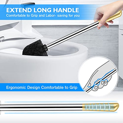 Toilet Brush and Holder 2 Pack, 304 Stainless Steel Toilet Brush with Extended and Durable Comfortable Brush Handle, Toilet Bowl Brush for Bathroom Toilet - Ergonomic, Pratical Durable (Gold) - color: Gold