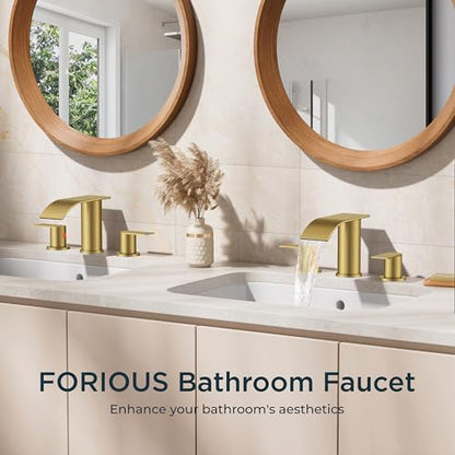 FORIOUS Bathroom Faucet 3 Hole 8 Inch Widespread Waterfall Brushed Gold | Bathroom Sink Faucet with Pop-up Drain and 24" Supply Lines, Two Handles, for Vanity Laundry Farmhouse School and Restroom - color: Brushed Gold