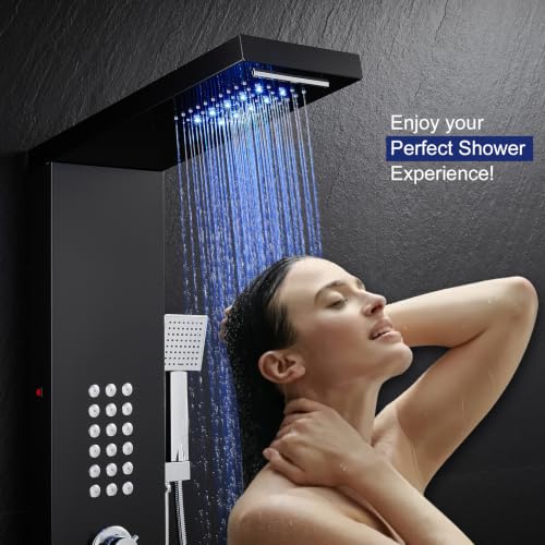 ROVATE 5 in 1 LED Rainfall Waterfall Shower Panel Tower System, Black | High Pressure Stainless Steel Shower Column with Tub Spout, Powerful Body Jets, Flexible Handheld, Brass Mixing Valve Body - style: 5 Modes-Black-2 Jets