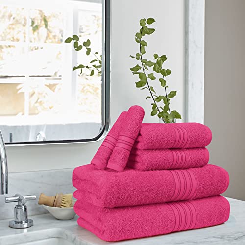 BOUTIQUO 6 Pack Cotton Towel Set, Contains 2 Bath Towels 28x55 inch, 2 Hand Towels 16x24 inch & 2 Wash Coths 12x12 inch, Ideal Everyday use, Ultra Soft Compact & Lightweight - Hot Pink - color: Hot Pink, size: 6 Pack Set