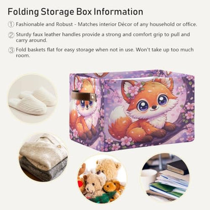 Fox Cherry Blossom Storage Baskets 1 Pack | Collapsible Open Home Storage Bin with Handle for Home Bedroom Cloth