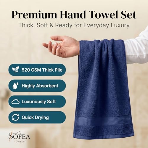 Sofea Hand Towels 6 Pack (16 x 28 Inches) 100% Cotton Bathroom Towels, Soft Absorbent Quick Dry Hand Towels for Bathroom Kitchen - color: Navy Blue