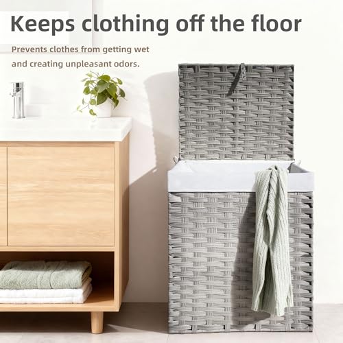 Wicker Laundry Hamper with Lid,24Gal (90 L) Rattan Laundry Basket 2 Sections with Lid, Removable Machine Washable Line, Large Clothes Hamper with Handles for Bathroom Bedroom, Gray - color: Gray, size: 90L
