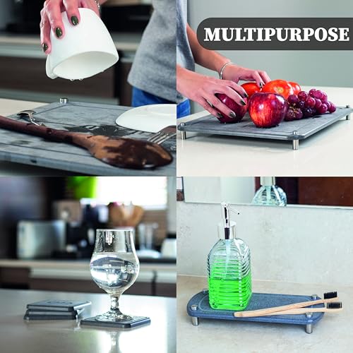 Stone Drying Mat for Kitchen Counter | Complete Set 6pc | Quick Dry Stone | Diatomaceous Earth Dish Drying Mat | Includes a Bathroom Counter Tray & 4 Coasters