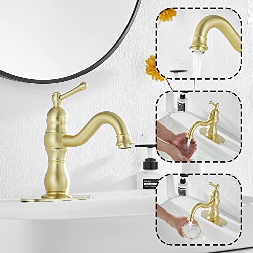 Bathroom Faucet Brushed Gold GGStudy 360° Swivel Bathroom Vanity Faucet Single Handle One Hole Bathroom Sink Faucet Basin Matching Pop Up Drain with Overflow - color: Brushed Gold, size: Short