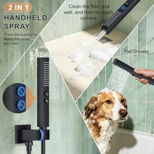 Rain Shower System with Rough-in Valve, Wall Mount Shower Faucet Set with 12" & 6" Dual Rain Shower Heads, 2-in-1 Handheld Shower, Tub Spout, 4-Function Complete Shower Fixture, Matte Black - color: Matte Black, size: Wall Mount-12"+6" head with Tub Spout