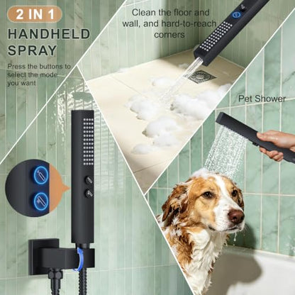 Rain Shower System with Rough-in Valve, Wall Mount Shower Faucet Set with 12" & 6" Dual Rain Shower Heads, 2-in-1 Handheld Shower, Tub Spout, 4-Function Complete Shower Fixture, Matte Black - color: Matte Black, size: Wall Mount-12"+6" head with Tub Spout
