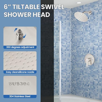 Airuida Shower Faucet Set,6 Inch Brushed Nickel Shower Trim Kit | Round Rainfall Shower Head,Single Handle,Male Threads Rough-in Valve,Wall Mount Bathroom System - color: Nickel, size: 6 Inch
