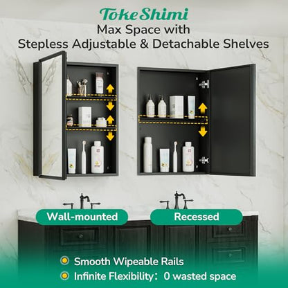 14 x 18 Recessed Medicine Cabinet, Assembly Required, Black Bathroom Medicine Cabinet with Mirror, Stepless Adjustable Shelves, Tempered Glass, Beveled Aluminum Frame - color: Black, size: 14x18 in