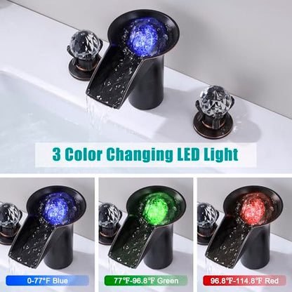 SKOWLL Oil Rubbed Bronze Waterfall Bathroom Faucet 3 Hole, Free Floating Crystal Ball with LED Light, Two Handle 8 Inch Widespread Faucet for Bathroom Sink - color: Oil Rubbed Bronze