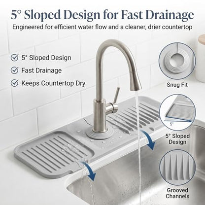 Faucet Mat for Kitchen Sink, Silicone Splash Guard, 17.7x5.5 in, Light Gray | 5° Fast-Draining Slope, Trimmable 1.5–2.6 in Center Hole