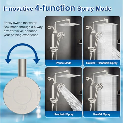 Metal 12" Rain Showerhead with 10-Spray Handheld, Easy Reach 4-way Diverter | Brushed Nickel Finish, Upgraded High Pressure Shower Head with Pause Mode, 71" Stainless Steel Hose/12" Extension Arm - color: Brushed Nickel, style: Square 12"