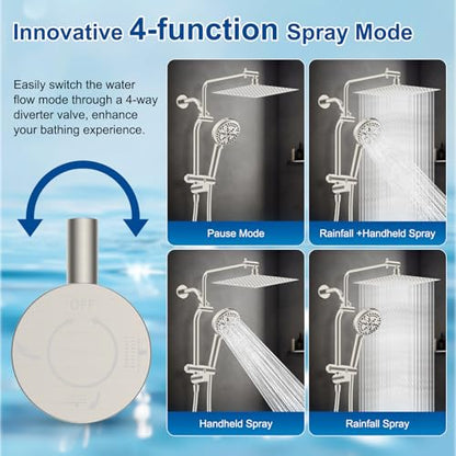 Metal 12" Rain Showerhead with 10-Spray Handheld, Easy Reach 4-way Diverter | Brushed Nickel Finish, Upgraded High Pressure Shower Head with Pause Mode, 71" Stainless Steel Hose/12" Extension Arm - color: Brushed Nickel, style: Square 12"