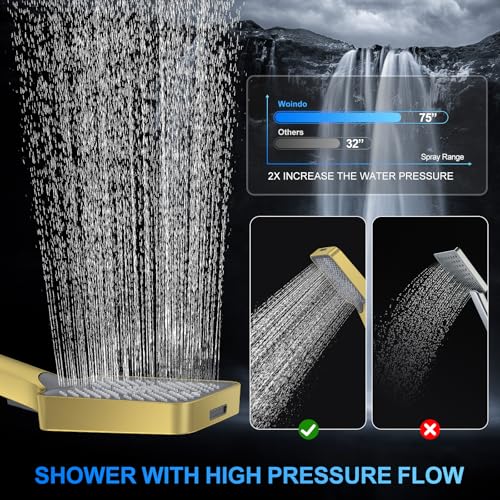 Woindo Shower Faucet Set, 10" Wall Mount Rainfall Shower System with 2 Rain Shower Head and Multi-function Handheld Head Push Button Diverter Shower Faucet Trim Kit - color: Brushed Gold, style: 10"-Wall-01